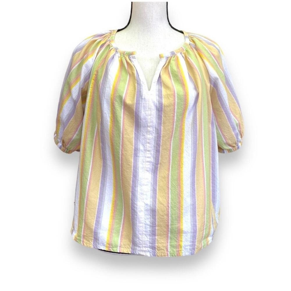 Roller Rabbit Blouse Women’s Sz Pastel Rainbow Stripe Short Puff Sleeve Cotton